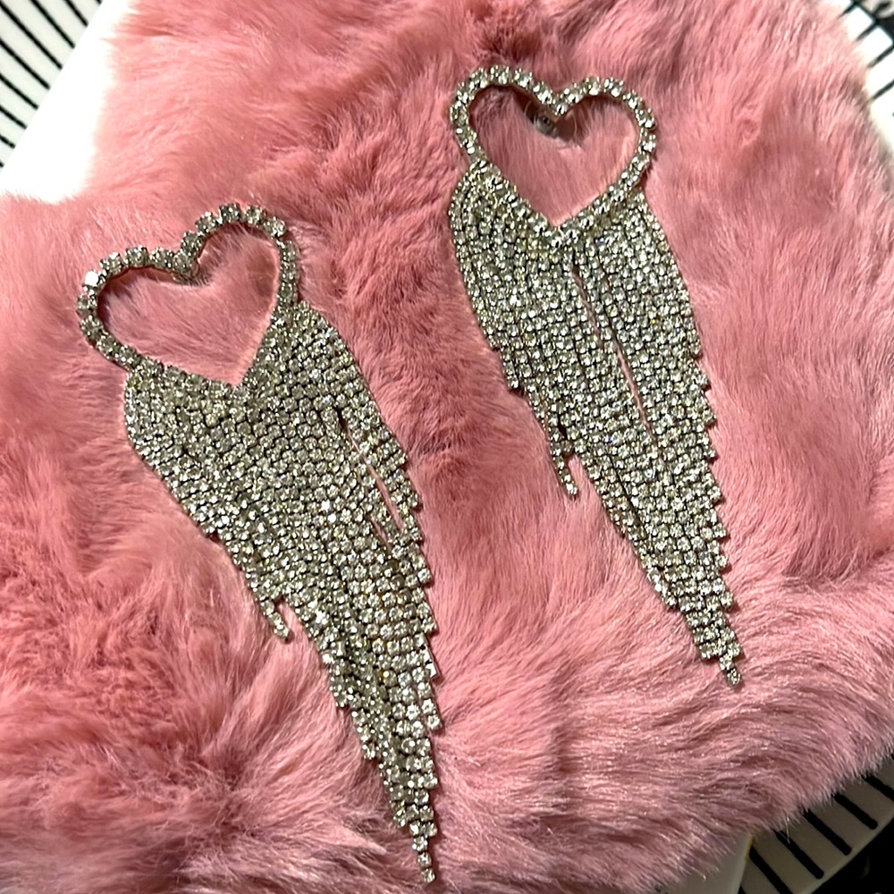 Rhinestone Heart Dangle Earrings- pierced